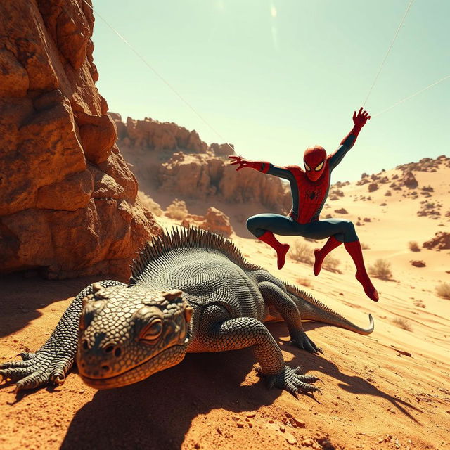 A vivid and dynamic scene showcasing a Komodo dragon crawling through a sunlit desert, highlighting the intricate details of its scaly skin and the sandy ground