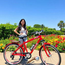 A vibrant outdoor scene featuring a confident person standing next to a striking red Java bike