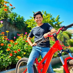 A vibrant outdoor scene featuring a confident person standing next to a striking red Java bike