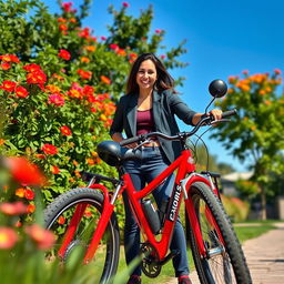 A vibrant outdoor scene featuring a confident person standing next to a striking red Java bike