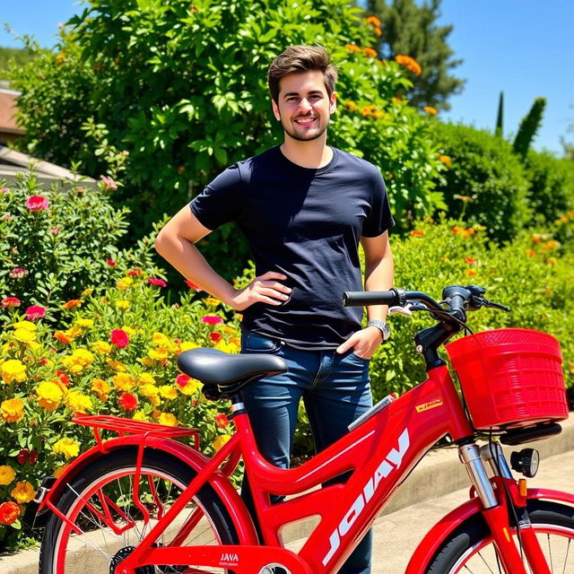 A vibrant outdoor scene featuring a confident person standing next to a striking red Java bike