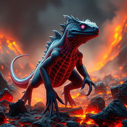 A striking hybrid creature that combines features of a Komodo dragon with Spider-Man’s iconic webbed designs
