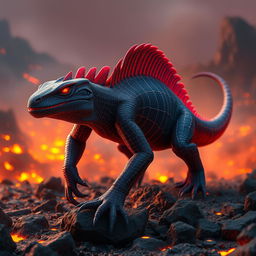 A striking hybrid creature that combines features of a Komodo dragon with Spider-Man’s iconic webbed designs