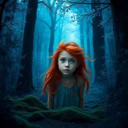 A red-haired girl looking lost in a mystical blue forest, filled with tall, otherworldly trees and shimmering blue foliage