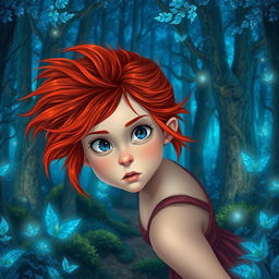 A red-haired girl looking lost in a mystical blue forest, filled with tall, otherworldly trees and shimmering blue foliage