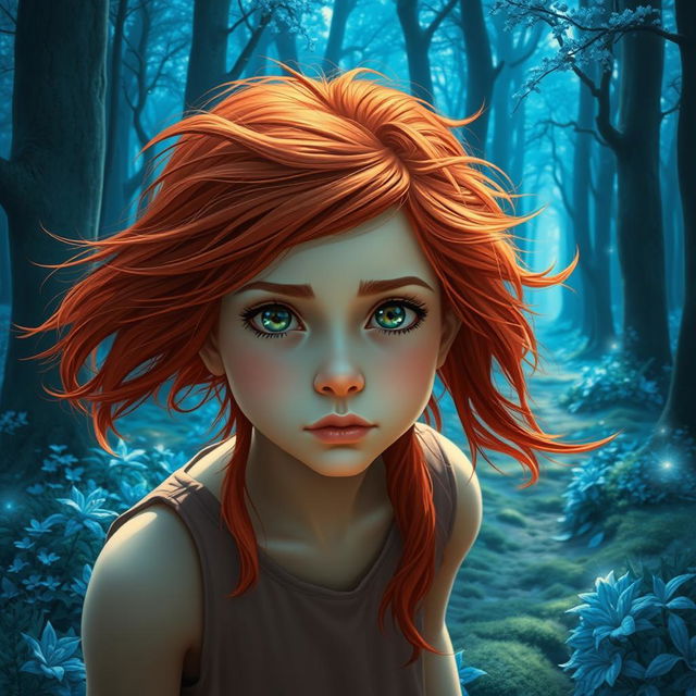 A red-haired girl looking lost in a mystical blue forest, filled with tall, otherworldly trees and shimmering blue foliage