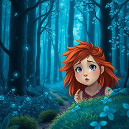 A red-haired girl looking lost in a mystical blue forest, filled with tall, otherworldly trees and shimmering blue foliage