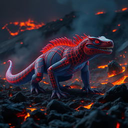 A breathtaking hybrid creature that merges the fierce features of a Komodo dragon with Spider-Man’s iconic webbed designs