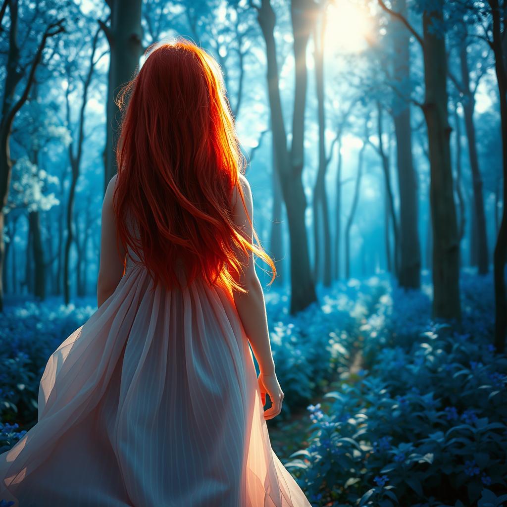 A red-haired girl seen from behind, looking lost in a enchanting blue forest