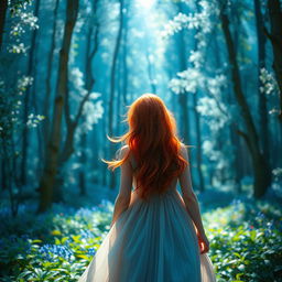 A red-haired girl seen from behind, looking lost in a enchanting blue forest