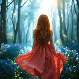 A red-haired girl seen from behind, looking lost in a enchanting blue forest
