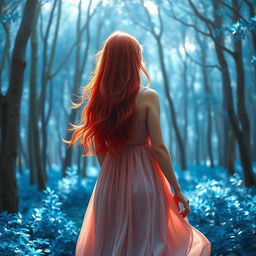 A red-haired girl seen from behind, looking lost in a enchanting blue forest