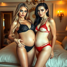 Two beautiful girls standing in an elegantly decorated bedroom, comparing each other's tiny baby bumps