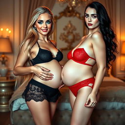 Two beautiful girls standing in an elegantly decorated bedroom, comparing each other's tiny baby bumps