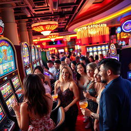 An exciting scene inside a bustling casino featuring a variety of colorful slot machines