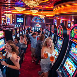 An exciting scene inside a bustling casino featuring a variety of colorful slot machines