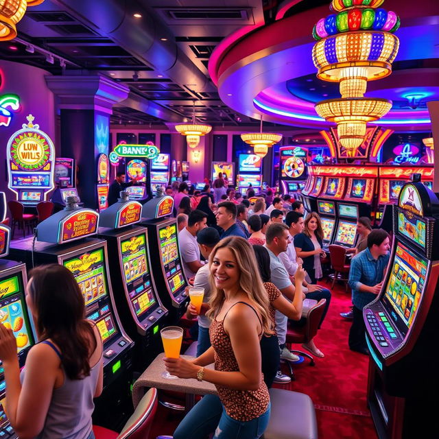 An exciting scene inside a bustling casino featuring a variety of colorful slot machines