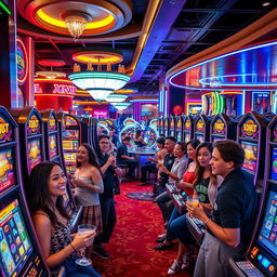An exciting scene inside a bustling casino featuring a variety of colorful slot machines