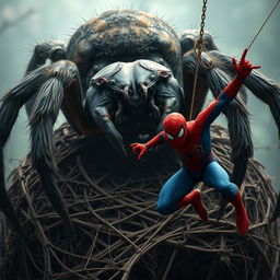 An intense scene depicting a massive wolf spider crouched menacingly on a intricately woven webbed nest