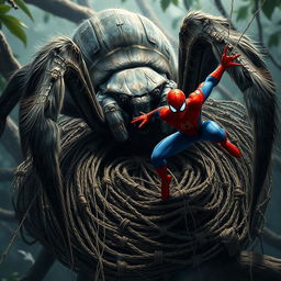 An intense scene depicting a massive wolf spider crouched menacingly on a intricately woven webbed nest