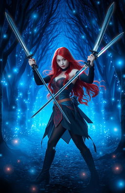 A beautiful red-haired girl wielding swords, standing in a mystical blue forest adorned with ethereal trees and enchanting lights, creating a captivating atmosphere