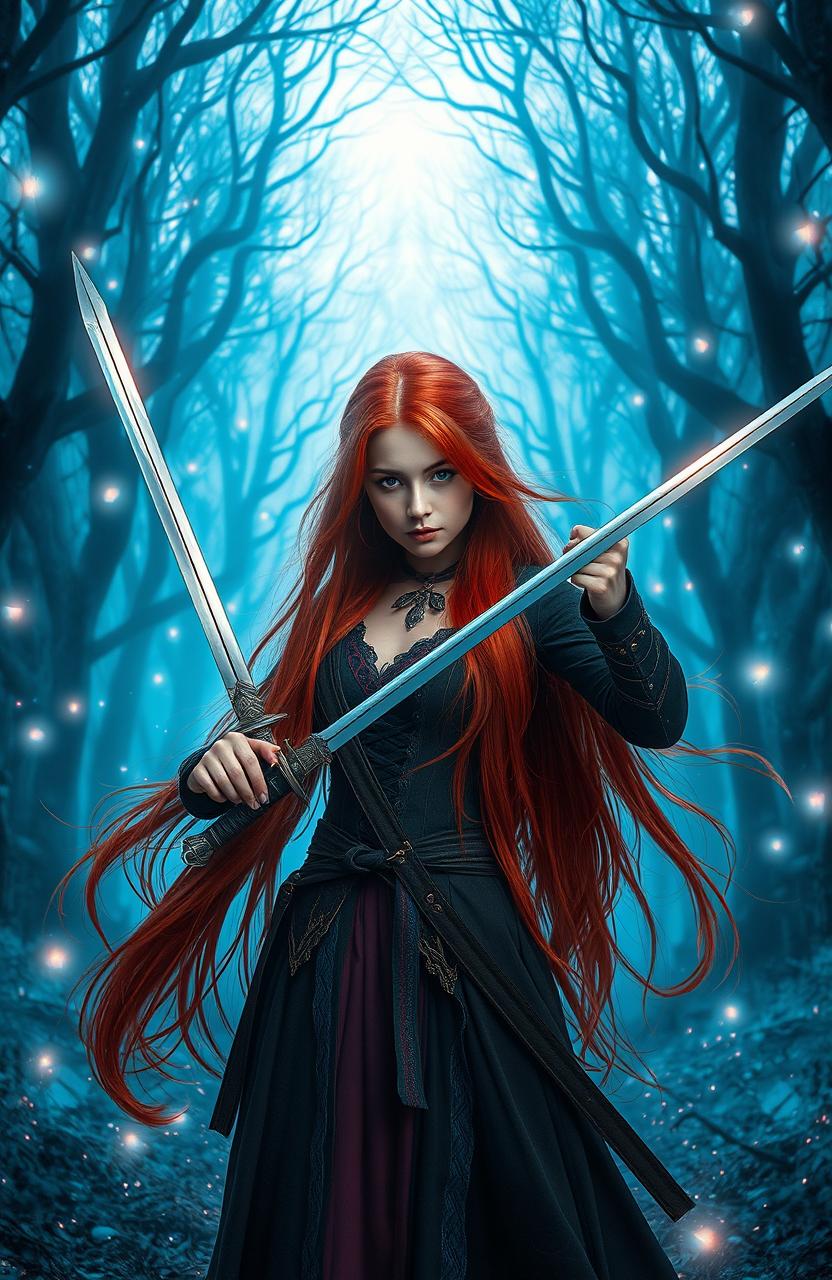 A beautiful red-haired girl wielding swords, standing in a mystical blue forest adorned with ethereal trees and enchanting lights, creating a captivating atmosphere