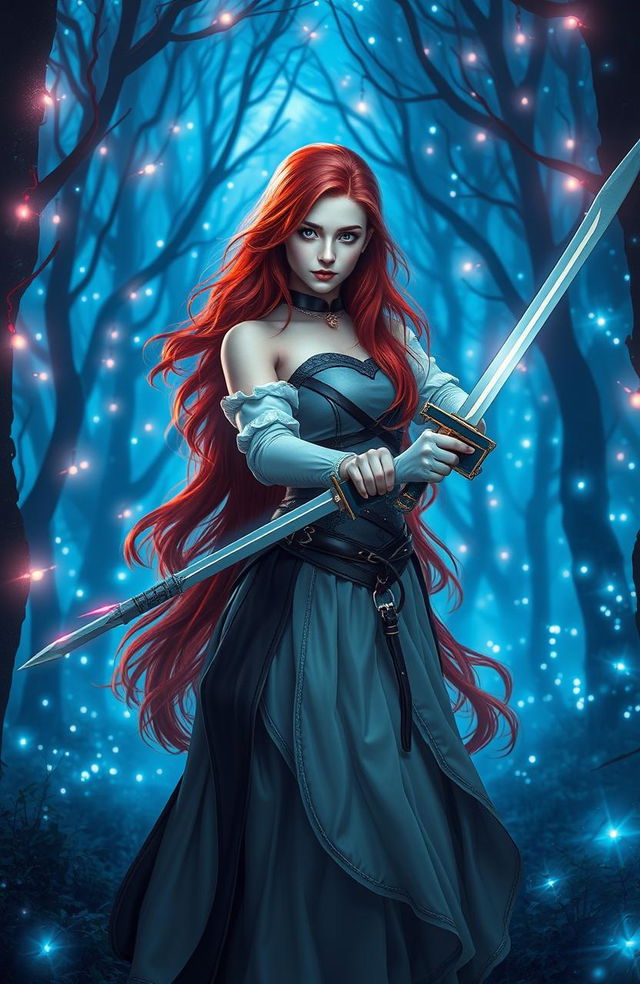 A beautiful red-haired girl wielding swords, standing in a mystical blue forest adorned with ethereal trees and enchanting lights, creating a captivating atmosphere