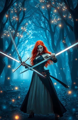 A beautiful red-haired girl wielding swords, standing in a mystical blue forest adorned with ethereal trees and enchanting lights, creating a captivating atmosphere