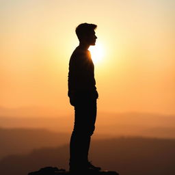 A silhouette of a young man standing on a rocky outcrop, facing away from the viewer