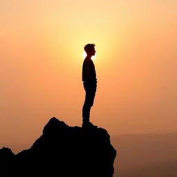 A silhouette of a young man standing on a rocky outcrop, facing away from the viewer