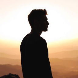 A silhouette of a young man standing on a rocky outcrop, facing away from the viewer