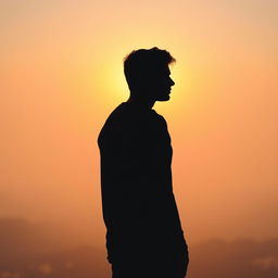 A silhouette of a young man standing on a rocky outcrop, facing away from the viewer