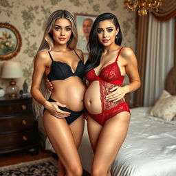 Two beautiful girls standing in a tastefully decorated bedroom, comparing each other's early baby bumps