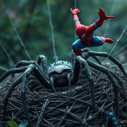 An intense scene showcasing a massive wolf spider crouched low on an intricately woven webbed nest