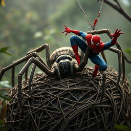 An intense scene showcasing a massive wolf spider crouched low on an intricately woven webbed nest