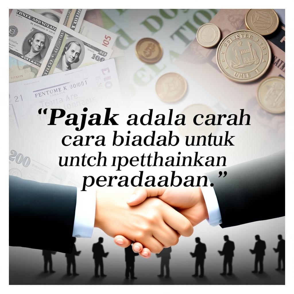 An artistic representation featuring the quote "Pajak adalah cara biadab untuk mempertahankan peradaban" in an elegant font