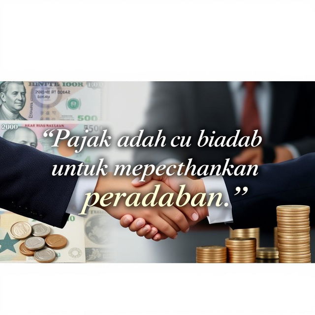 An artistic representation featuring the quote "Pajak adalah cara biadab untuk mempertahankan peradaban" in an elegant font