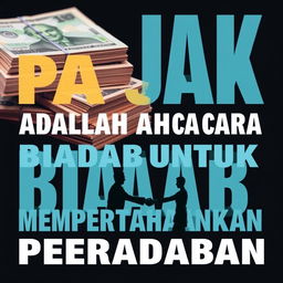 A striking and thought-provoking design featuring bold, large text that reads "PAJAK ADALAH CARA BIADAB UNTUK MEMPERTAHANKAN PERADABAN" prominently displayed