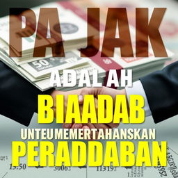 A striking and thought-provoking design featuring bold, large text that reads "PAJAK ADALAH CARA BIADAB UNTUK MEMPERTAHANKAN PERADABAN" prominently displayed