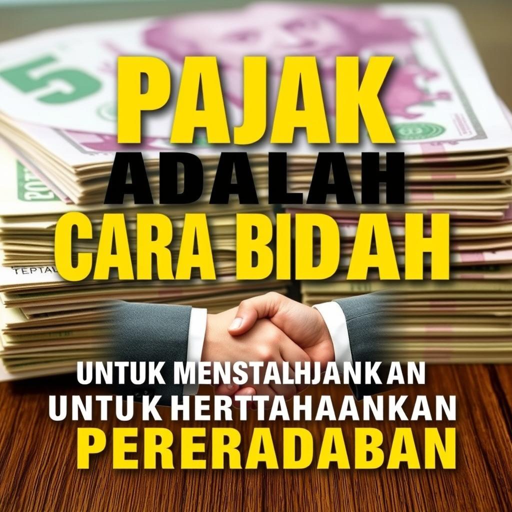 A striking and thought-provoking design featuring bold, large text that reads "PAJAK ADALAH CARA BIADAB UNTUK MEMPERTAHANKAN PERADABAN" prominently displayed