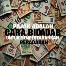 A striking visual featuring the phrase "PAJAK ADALAH CARA BIADAB UNTUK MEMPERTAHANKAN PERADABAN" prominently displayed in bold, eye-catching typography