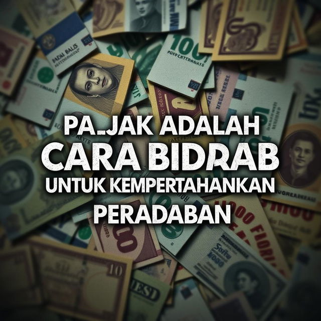 A striking visual featuring the phrase "PAJAK ADALAH CARA BIADAB UNTUK MEMPERTAHANKAN PERADABAN" prominently displayed in bold, eye-catching typography