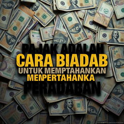 A striking visual featuring the phrase "PAJAK ADALAH CARA BIADAB UNTUK MEMPERTAHANKAN PERADABAN" prominently displayed in bold, eye-catching typography