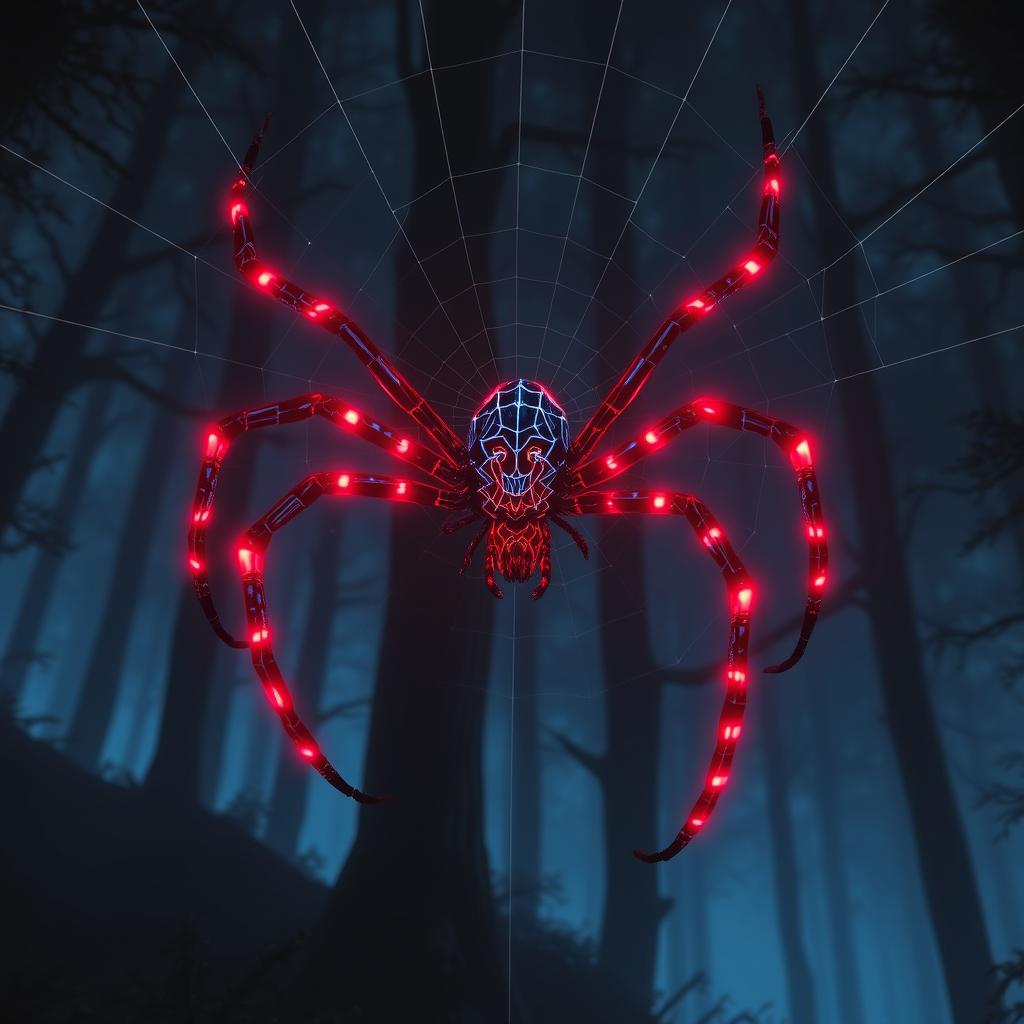 A striking hybrid spider characterized by Spider-Man’s iconic webbed patterns, featuring glowing red-and-blue full matching color markings that illuminate its surroundings