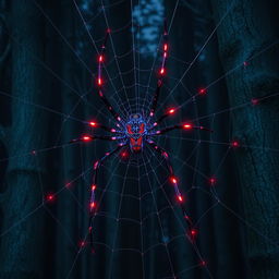 A striking hybrid spider characterized by Spider-Man’s iconic webbed patterns, featuring glowing red-and-blue full matching color markings that illuminate its surroundings