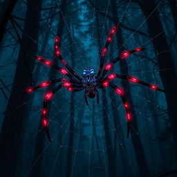 A striking hybrid spider characterized by Spider-Man’s iconic webbed patterns, featuring glowing red-and-blue full matching color markings that illuminate its surroundings
