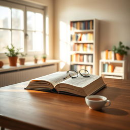 A serene and inviting background design for a book layout, featuring a wooden desk with an open book resting on it
