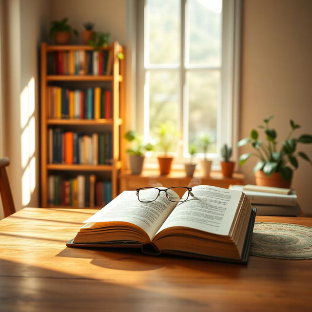 A serene and inviting background design for a book layout, featuring a wooden desk with an open book resting on it