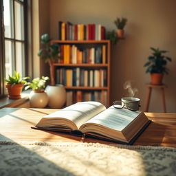 A serene and inviting background design for a book layout, featuring a wooden desk with an open book resting on it