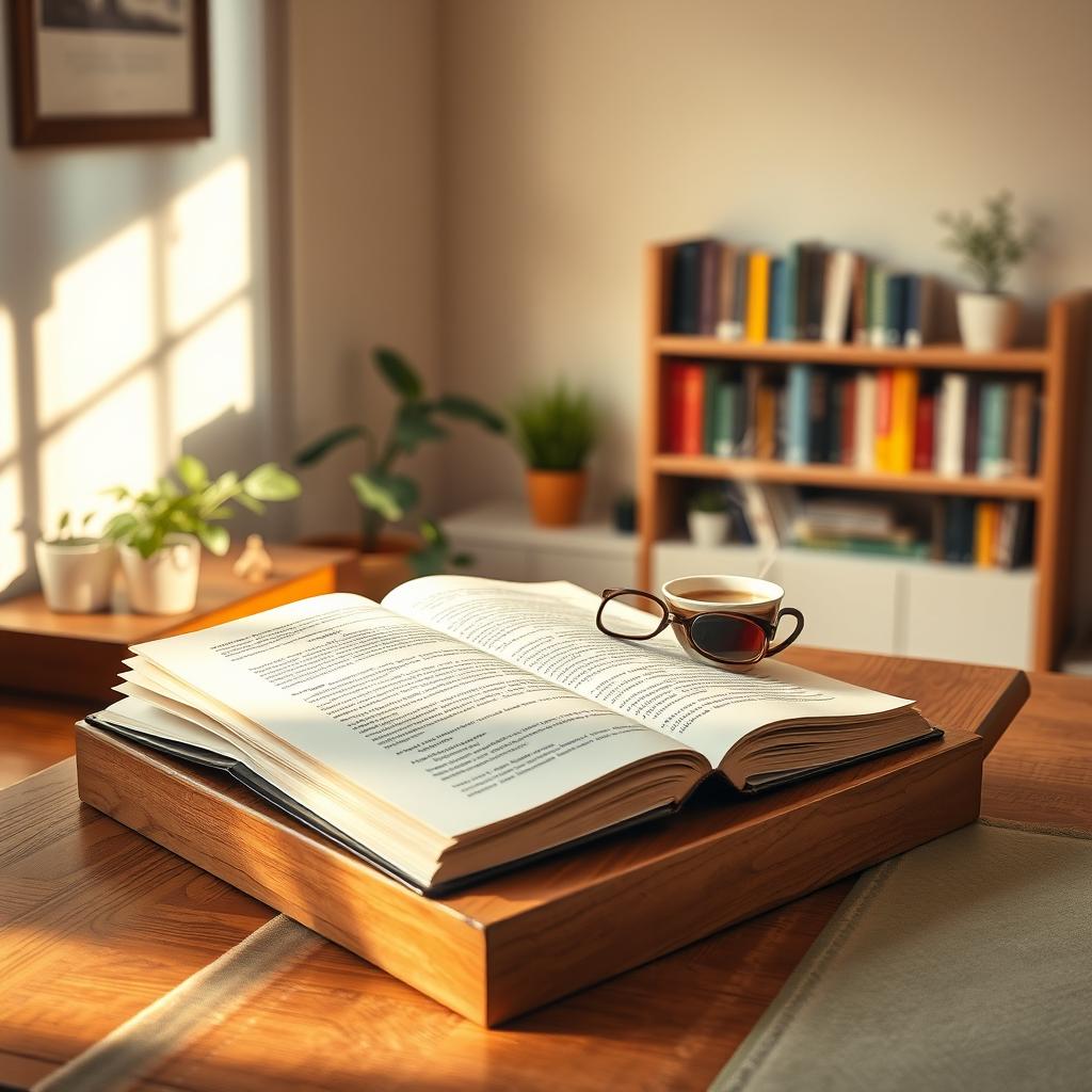A serene and inviting background design for a book layout, featuring a wooden desk with an open book resting on it